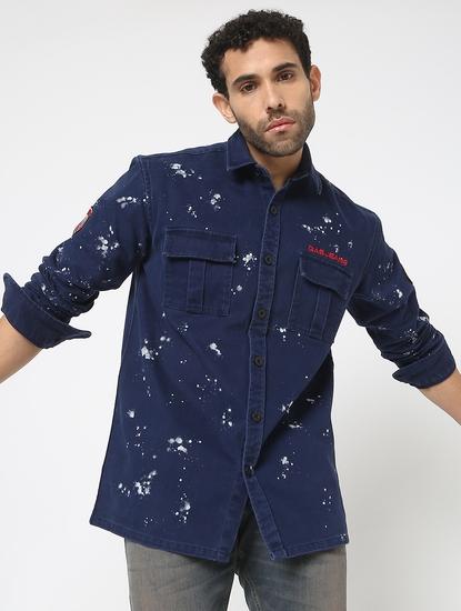 Dario Splatter Regular Fit Blue Cotton Shirt