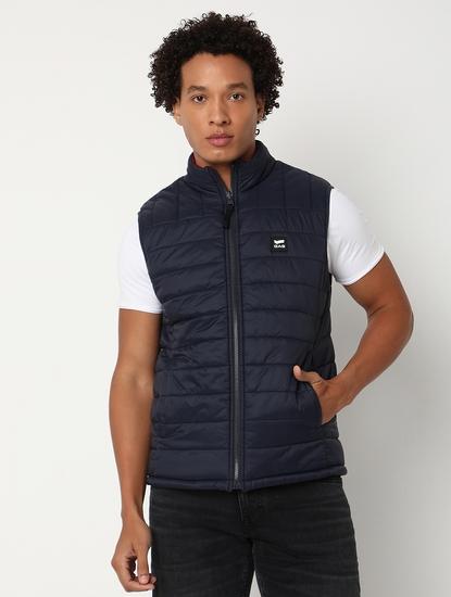 Regular Fit Sleeveless High Gilet Neck Solid Nylon Jacket