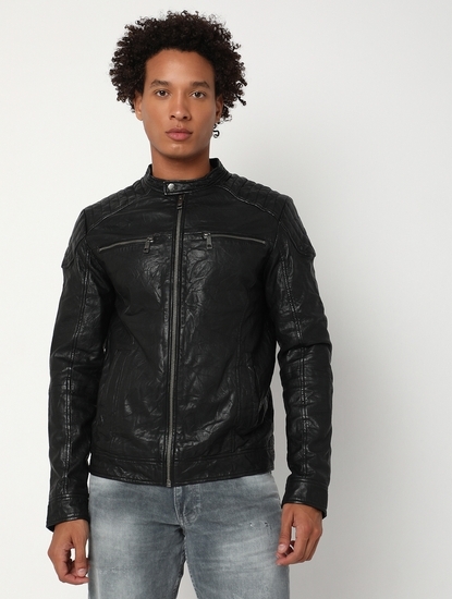 Regular Fit Full Sleeve Mandarin Collar Solid Leather Jacket