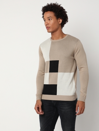 Regular Fit Full Sleeve Rib Neck Colourblock Cotton Sweater