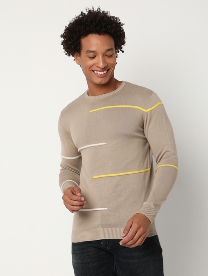 Regular Fit Full Sleeve Rib Neck Stripe Cotton Sweater