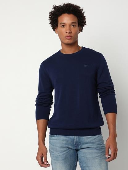 Regular Fit Full Sleeve Rib Neck Solid Cotton Sweater