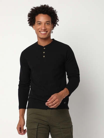 Regular Fit Full Sleeve Henley Neck Solid Cotton T-Shirt