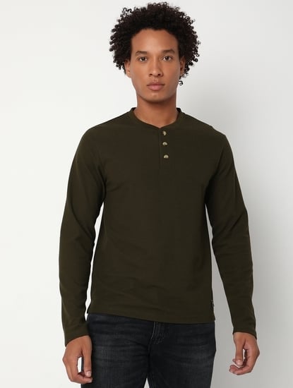 Regular Fit Full Sleeve Henley Neck Solid Cotton T-Shirt