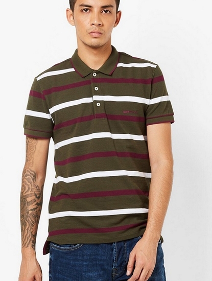 Striped Slim Fit Polo T-shirt with Step Hem