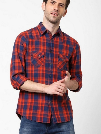 Slim Fit Checked Shirt with Button Flap Pockets