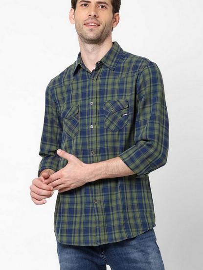 Slim Fit Checked Shirt with Button Flap Pockets