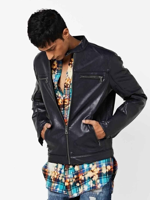 Slim Fit Biker Jacket with Band Collar