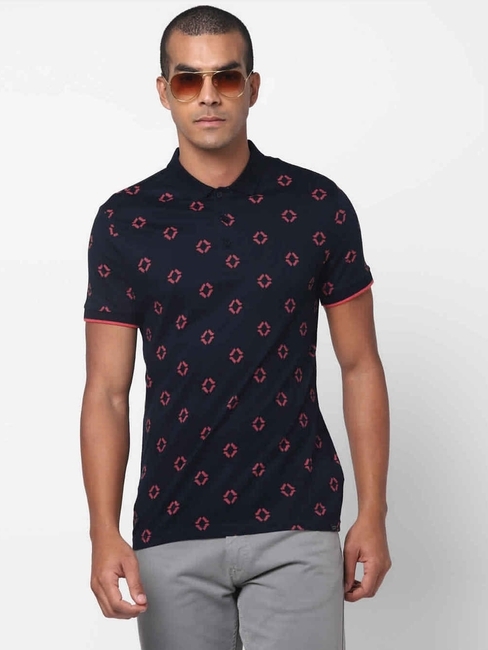 Geometric Print Polo T-shirt with Ribbed Hems