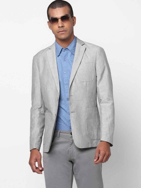 Striped Linen Jacket with Notched Lapel