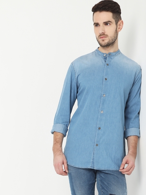 Lightly Washed Slim Fit Shirt with Mandarin Collar