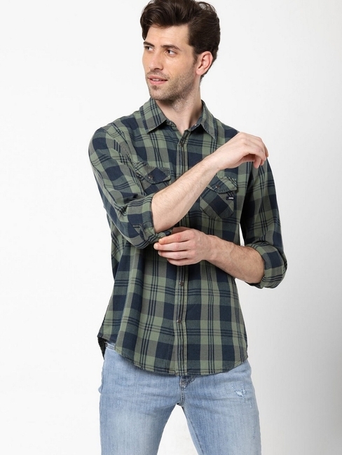 Slim Fit Checked Shirt with Button Flap Pockets
