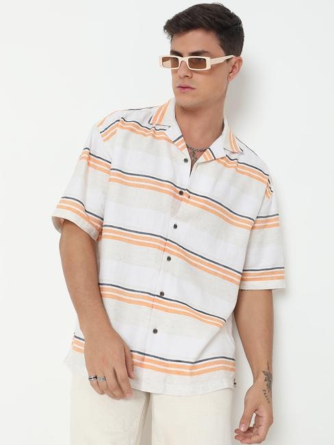 Boxy Fit Striped Short Sleeve Shirt with Resort Collar