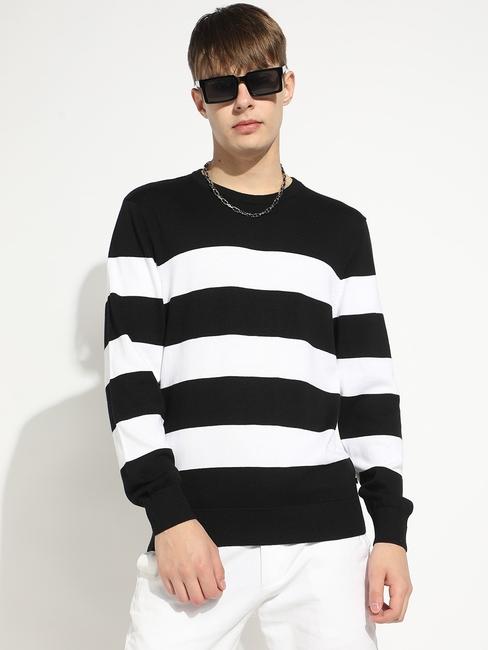 Striped Crew Neck Sweater with Ribbed Cuff