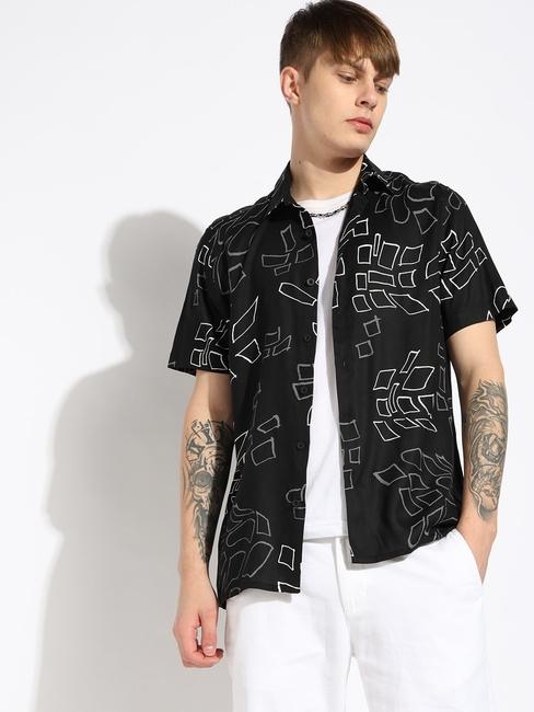 Regular Fit Monochrome Abstract Printed Shirt