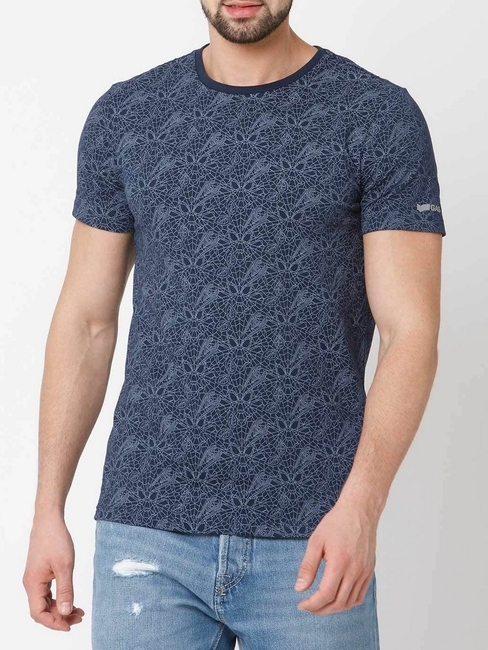 Men's Cobweb printed crew neck indigo t-shirt
