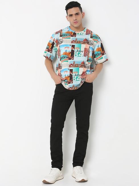 Boxy Fit All Over Printed Round Neck T-Shirt with Short Sleeve