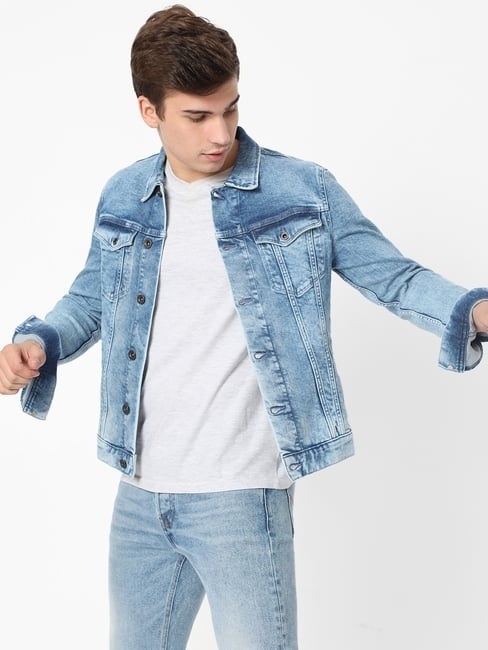 Organic Cotton Distressed Button-Down Cropped Denim Jacket