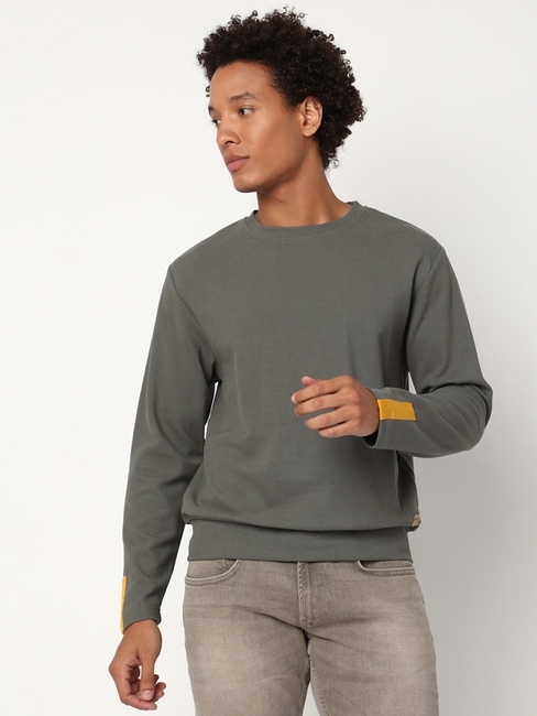 Regular Fit Full Sleeve Rib Neck Solid Knitted T-Shirt