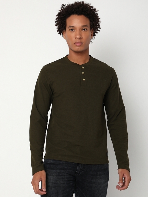 Regular Fit Full Sleeve Henley Neck Solid Cotton T-Shirt