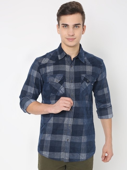 Kant Cord Checked Slim Fit Shirt with Buttoned Flap Pockets