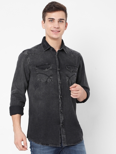 Kant Washed Distressed Slim Fit Shirt