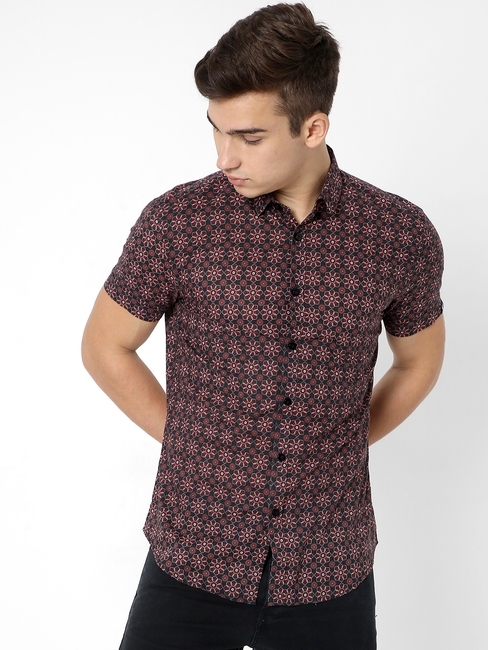 Camp Collar Printed Slim Fit Shirt with Patch Pocket