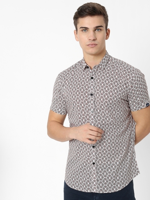 Camp Collar Printed Slim Fit Shirt with Patch Pocket