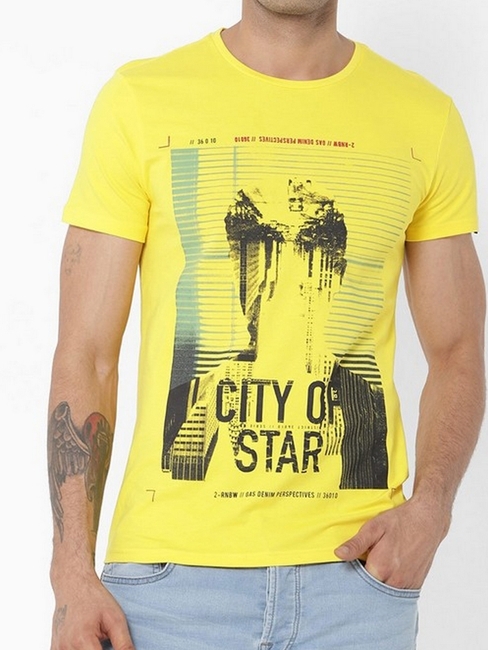 Scuba Printed Round Neck Yellow T-Shirt