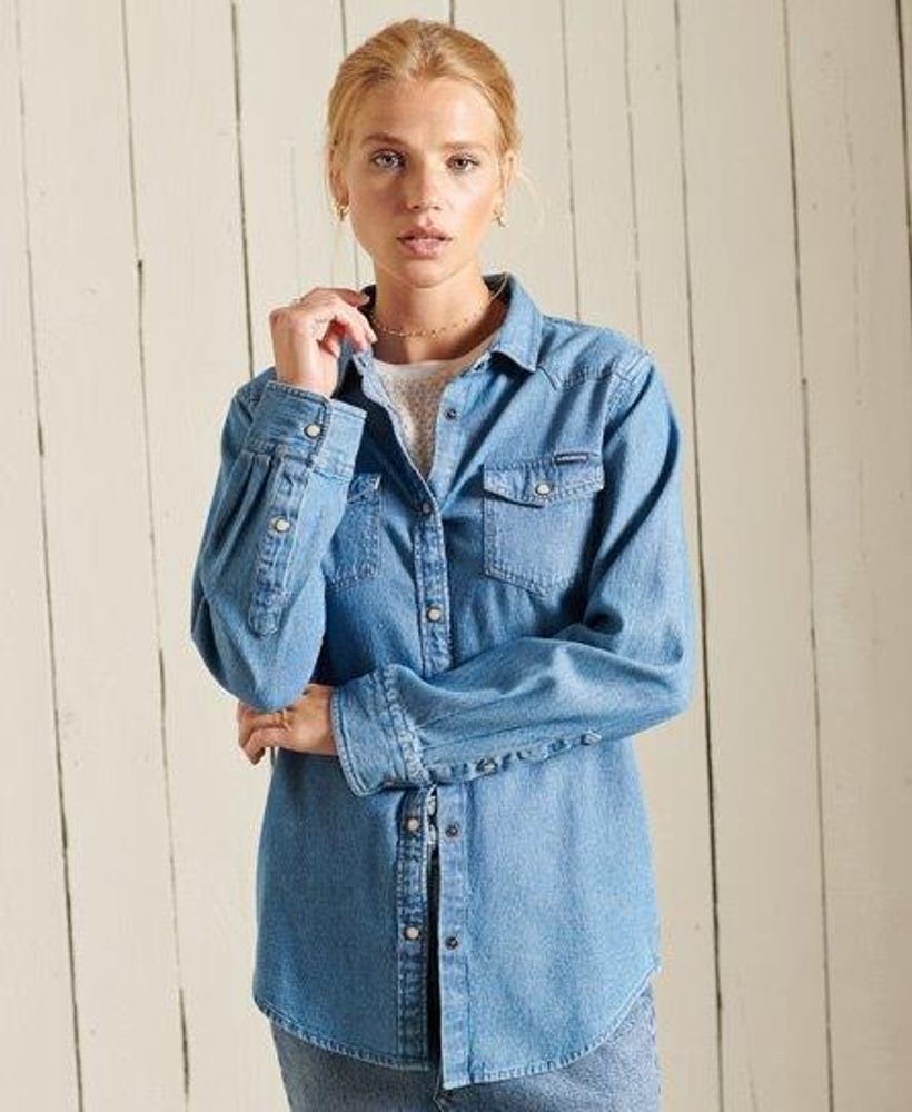 Women's Studios Linen Grandad Shirt in Azure Blue | Superdry US