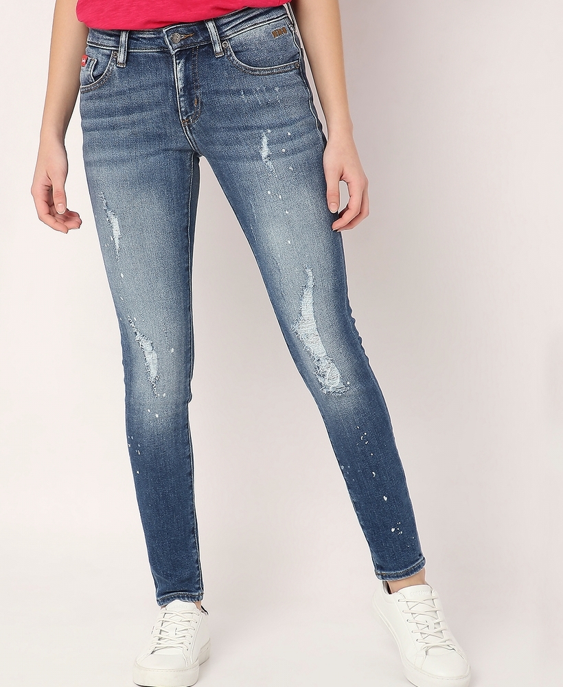 SHOWOFF Women's Low Distress Blue Slim Fit Denim Jeans