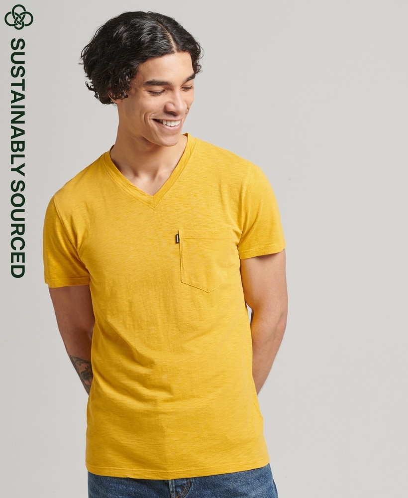 Border pocket T-shirt, men's size L unclear yellow type Vintage Second Hand