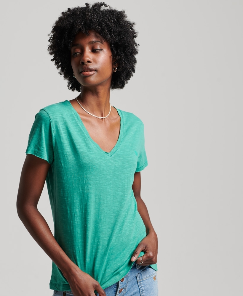 STUDIOS SLUB EMB VEE WOMEN'S GREEN T-SHIRT