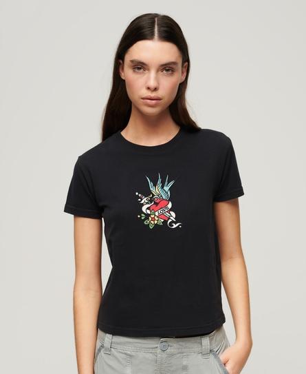 TATTOO EMBROIDERED FITTED WOMEN'S BLACK T-SHIRT