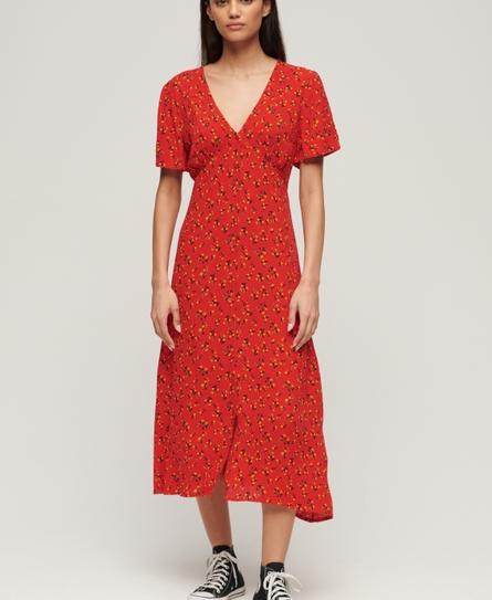 PRINT BUTTON SS MIDI WOMEN'S RED TEA DRESS