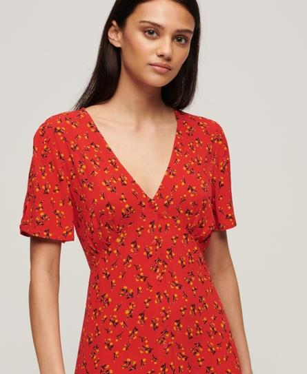 PRINT BUTTON SS MIDI WOMEN'S RED TEA DRESS