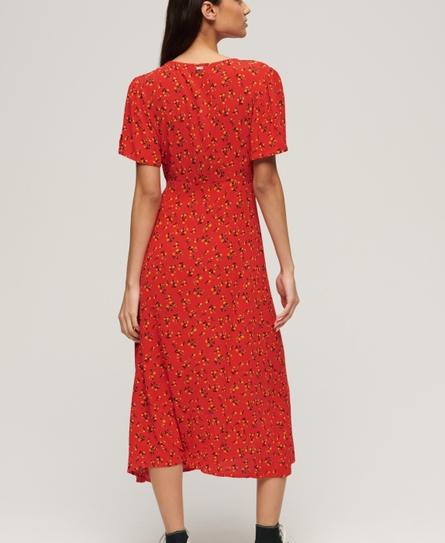 PRINT BUTTON SS MIDI WOMEN'S RED TEA DRESS