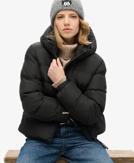 HOODED SPORTS WOMEN'S BLACK PUFFER JACKET