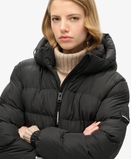 HOODED SPORTS WOMEN'S BLACK PUFFER JACKET