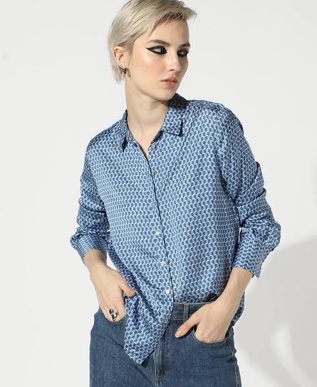 STUDIOS SATIN PRINTED WOMEN'S BLUE SHIRT