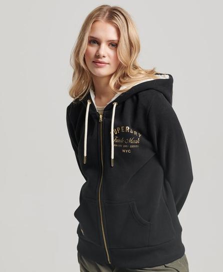 LUXE METALLIC LOGO WOMEN'S BLACK ZIPHOOD