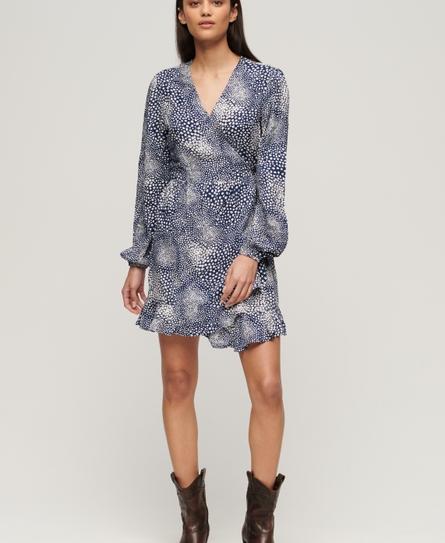 PRINTED LS WRAP WOMEN'S BLUE MINI DRESS