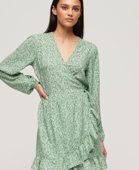 PRINTED LS WRAP WOMEN'S GREEN MINI DRESS