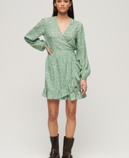 PRINTED LS WRAP WOMEN'S GREEN MINI DRESS