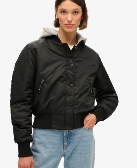 HOODED WOMEN'S BLACK BOMBER JACKET