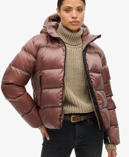 HOODED LUXE SPORTS WOMEN'S BROWN PUFFER JACKET