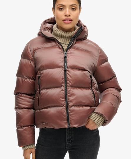 HOODED LUXE SPORTS WOMEN'S BROWN PUFFER JACKET