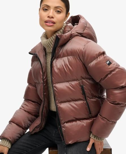 HOODED LUXE SPORTS WOMEN'S BROWN PUFFER JACKET