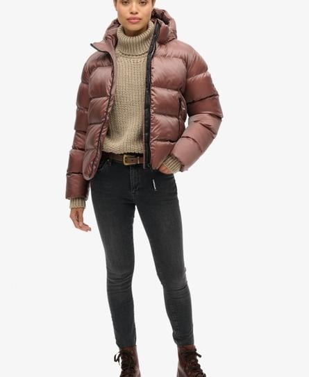 HOODED LUXE SPORTS WOMEN'S BROWN PUFFER JACKET