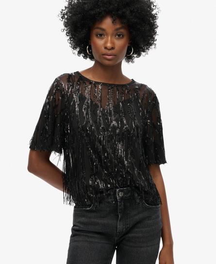 SHEER SHORT SLEEVE SEQUIN WOMEN'S BLACK TOP